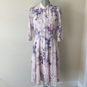Whimsy Fairy Core Floral 3/4 Sleeve Pleated Midi Dress Pink & Purple Size  6